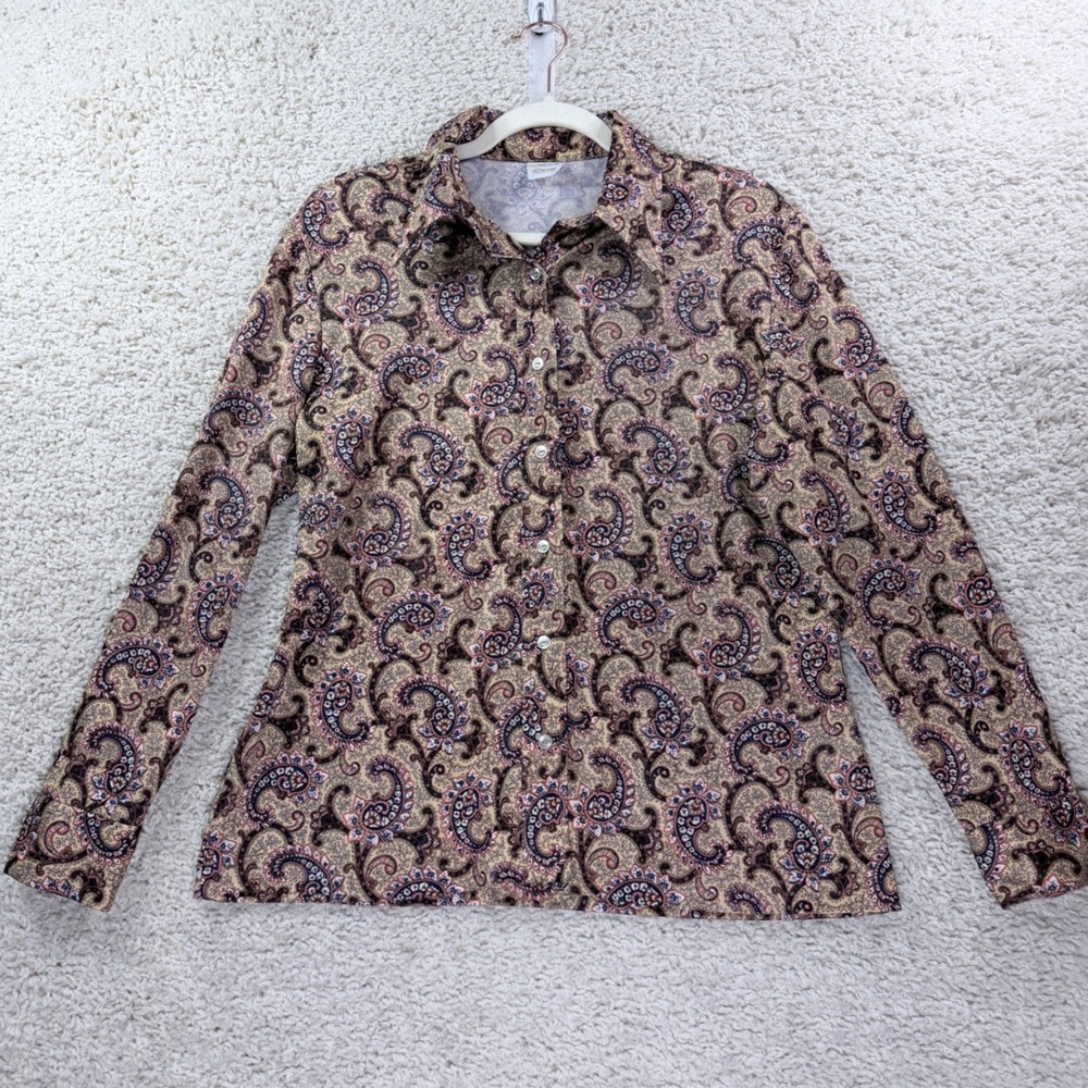 Womens M JCPenney Paisley Shirt Brown Vintage 70s Long Sleeve Button Up Blouse